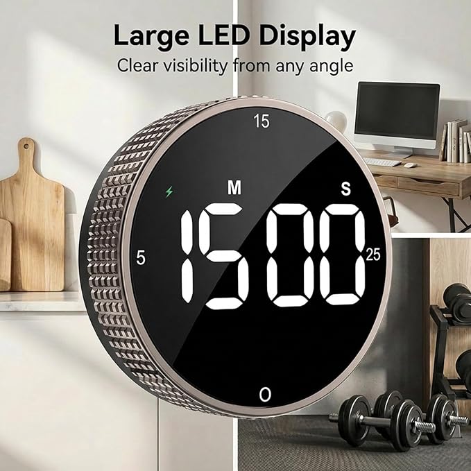 Rechargeable Magnetic Kitchen Timer,LED Countdown/Up Timer, Supports USB-C Charging,with Loud Alarm,3 Preset Quick Times(5/15/25m),Perfect for Kitchen Cooking, Studying, and Fitness (Brown)