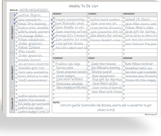 Life Charge Weekly To Do List Planner Notepad, 60 Page Task Planning Pad with Daily Checklist, Priority To-Do Checkboxes & Notes, Desk Notebook for Office Organization & Productivity, 11 x 8.5