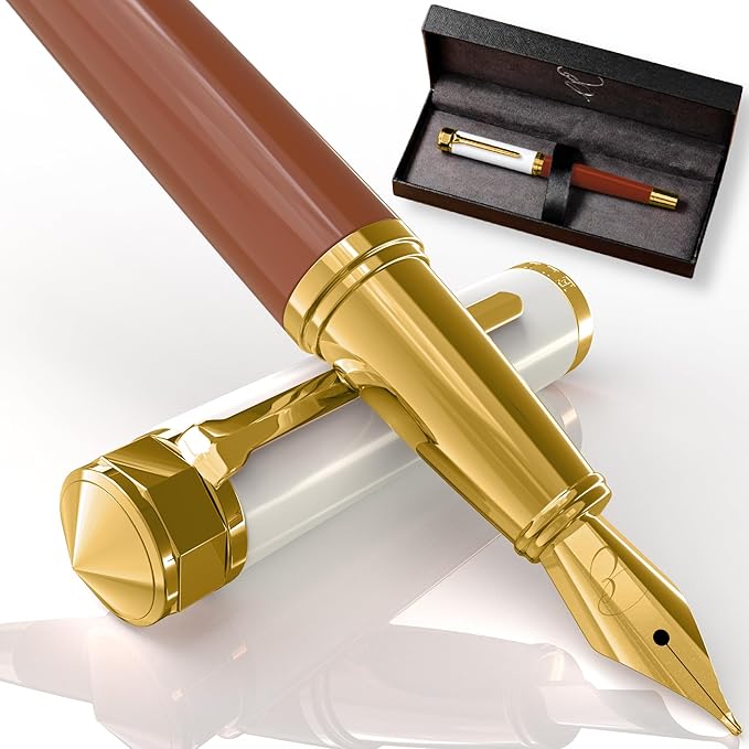 Ellington Pens Luxury Fountain Pen Set - Smooth Medium Nib - Includes 3 Ink Cartridges, Refillable Ink Converter, Gift Box - Fountain Pens For Writing, Calligraphy, Journaling, Sketching (Ivory Suede)