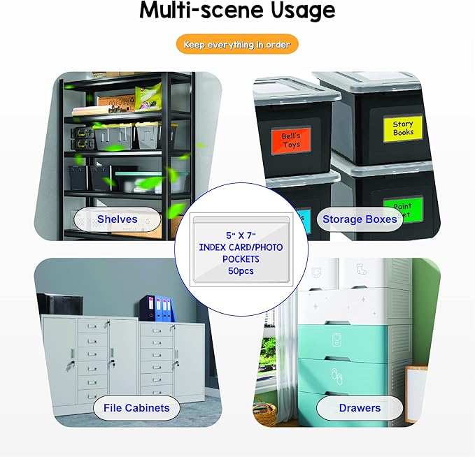 Clear Adhesive 5" x 7" Index Card Pockets with Top Open for Loading, 50 Pack, Plastic Labels Holders for Storage Bins and Library Card, Organizing and Protecting Your Index Cards or Photos