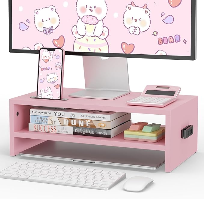 BONTEC Wooden Monitor Stand Riser, 2-Tier Desk Shelf with Storage Organizer, Ergonomic Computer Stand with Cable Management, Cellphone Holder, Pink, 16.5 Inch