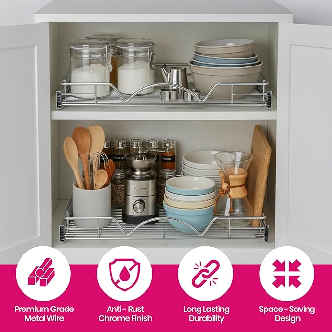 HOLD N' STORAGE Pull Out Cabinet Organizer, Heavy Duty-w/Lifetime Limited Warranty -11”W x 17”D-Requires At Least 12-1/4” Cabinet Opening, Steel Metal Cabinet Drawers Slide Out, Chrome Finish