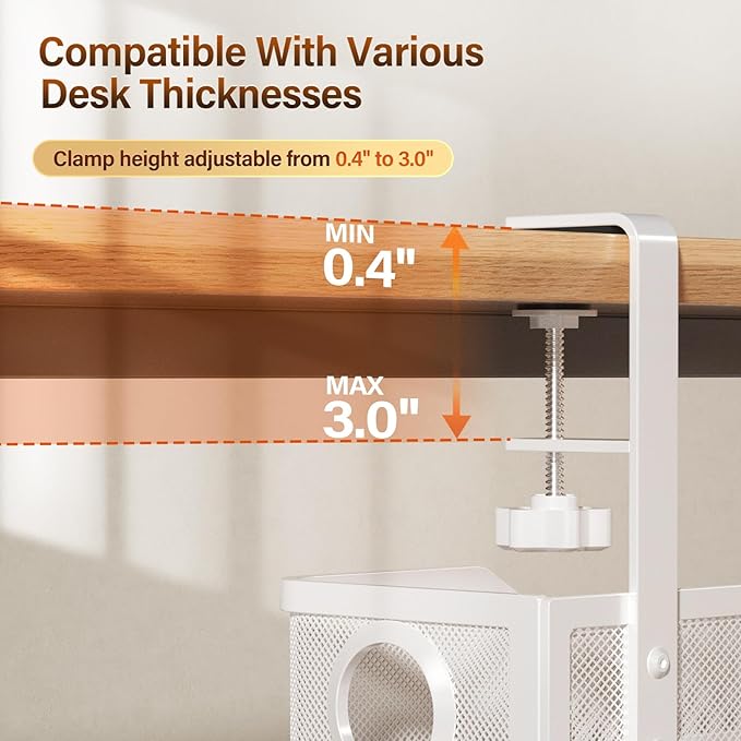 Under Desk Cable Management Large, Cinati 16" Cable Management Box for Table Thickness up to 3", Wire Cord Organizer with Clamp No Drill, No Damage to Desk (White)