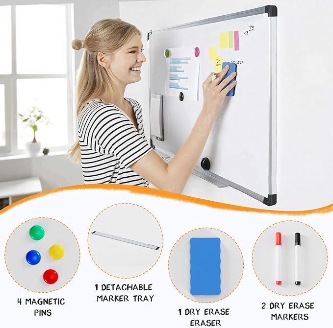 NEWBULIG White Board, 40" x 30" Magnetic Dry Erase Board for Wall with 1 Dry Eraser & 2 Multi-Color Markers & 4 Magnetic Pins, Silver Aluminum Frame for Office, Home, School