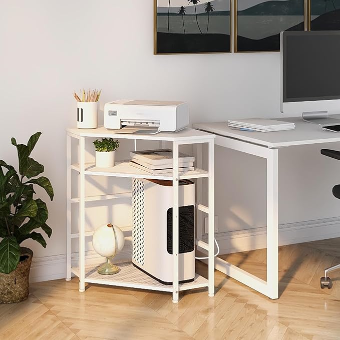 VEDECASA Corner Printer Stand Table with Power Outlet Charging Plugs USB Port Adjustable Storage Shelf Computer Tower CPU Stand Holder for Home Office (White)