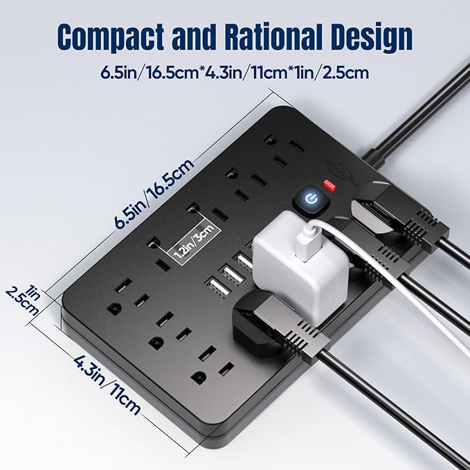 JouleLoom 15 FT Flat Plug Surge Protector Power Strip,11 Multiple AC Outlets with 6 USB Ports (2 USB C), 15 Feet Extension Cord, 1250W/10A, One Touch Switch Button, 17 in 1 Compact powerstrip