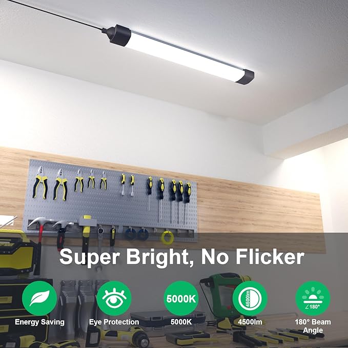 Modlicht Plug in Ceiling Light 4FT 2PCS, Linkable LED Garage Ceiling Light Fixtures 5000K, Bright Lightweight Overhead Light with Cord for Workbench Basement Kitchen Bedroom Factory, Black, 36W