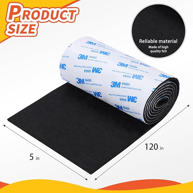 VOCOMO Felt Furniture Pads, Heavy Duty Felts Strip Roll with Adhesive Backing Felt Pads Furniture Feet Cuttable Felts Tape for Protecting Hardwood Floors(5 x 120 x 0.12 Inch, Black)