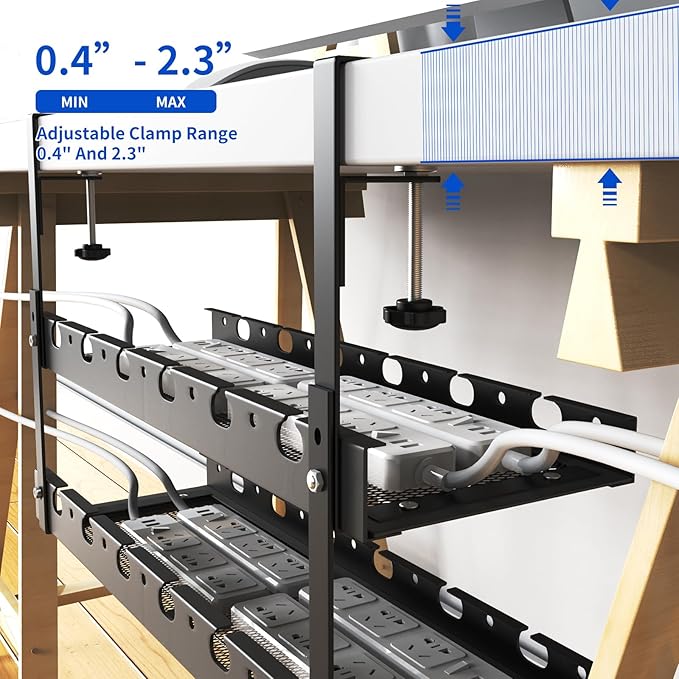 SRJZMLY 31Inch Extendable Under Desk Cable Management Tray Multi-Model Metal Cable Management Tray Under Desk Cord Management with Clamp Power Strip Cord Holder for Wire Cable Management, Black