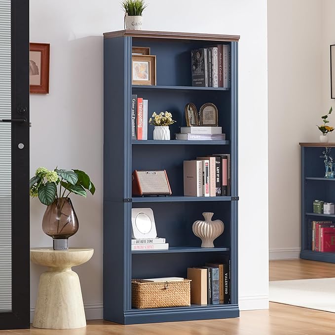 RWYHG 70" Blue Tall Bookshelf,5-Tier Thick Wooden Book Shelf with Adjustable Shelves,Free Standing Farmhouse Bookcase with Open Display Storage,Floor Vintage Bookshelves for Living Room,Office