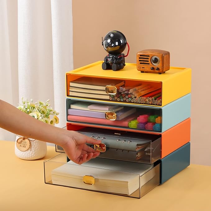 OSteed Spacious Desktop Storage Box, 2 Large Storage Drawers, Stackable Office Desk Drawer Organizer and Accessories, Printer Paper Organizer, Orange & Yellow Plastic Drawers for Workspace & Home