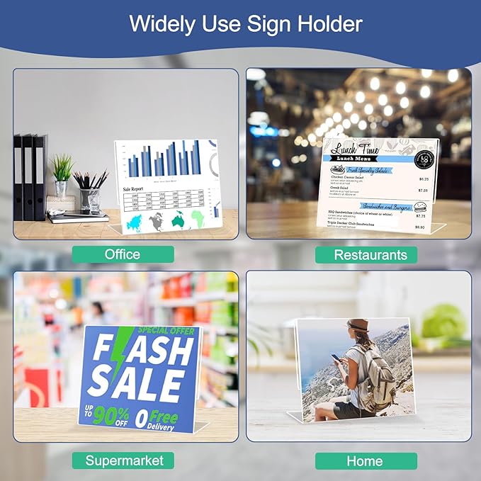 Wbtran Slanted Back Acrylic Sign Holder 6 x 4, Acrylic Stands for Display Frame, Clear Plastic Tabletop Paper Sign Holder for Office, Home, Restaurant (6 Pack 6x4 Inches)