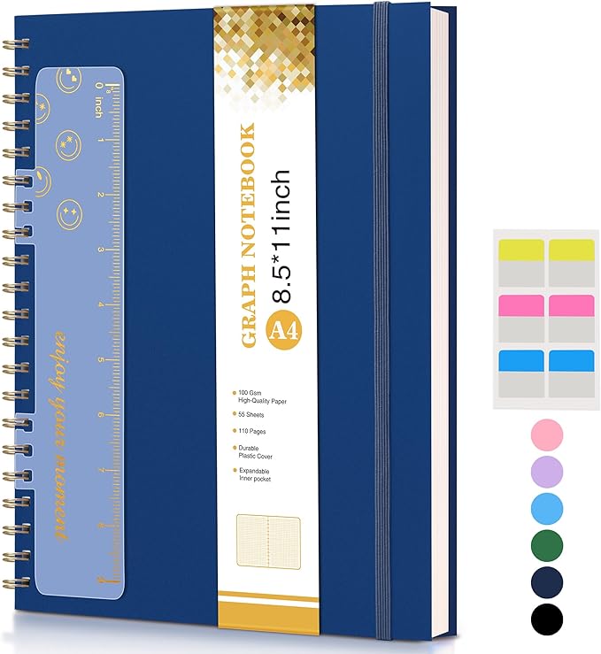 Graph Paper Notebook, Spiral Notebook Journal 8.5” x 11”, A4 Large Grid Notebooks for Women Men, 100 GSM Graph Paper, Plastic Hardcover Spiral Graphing Journals for Work School Engineering, Navy