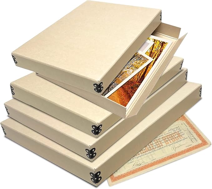 Lineco Museum Storage Box Tan, 8"x10"x1.5", Archival Boxboard, Drop-Front Design with Metal Edge. Organize, Store and Preserve Photographs, Prints, Documents, Art, Ephemera, Family Records