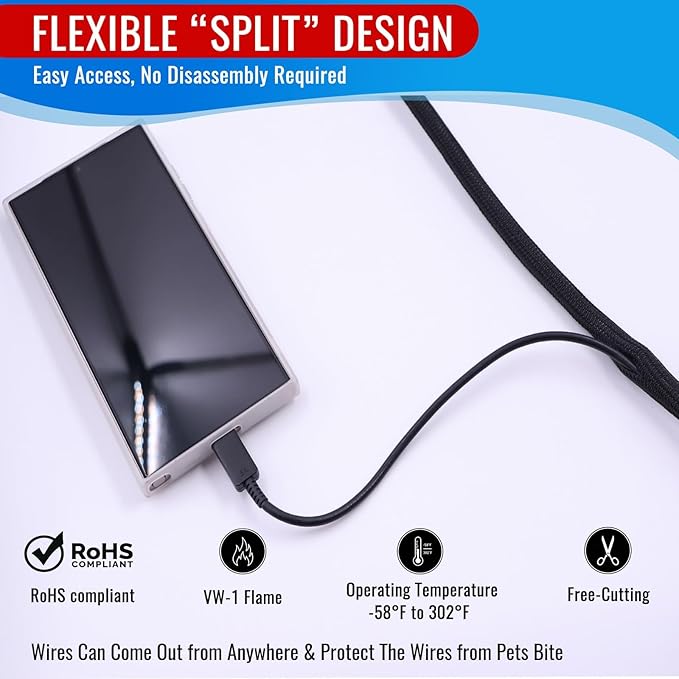 Flauzmann 3/8" Braided Cable Sleeve - 10Ft Cat Cord Protector Split Wire Loom Tubing Flexible Self Wrapping for USB, Audio, Automotive Cord, Dog Chew Proof Cable Protector - Black