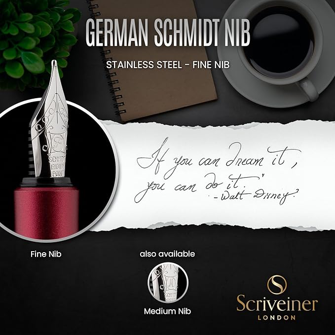 Scriveiner Luxury EDC Fountain Pen (Fine), Stunning Matt Red Pocket EDC with Chrome Finish, Schmidt German Nib, Converter, A Great Writing Gift Set for Men & Women, Nice Fancy Office Designer Pen