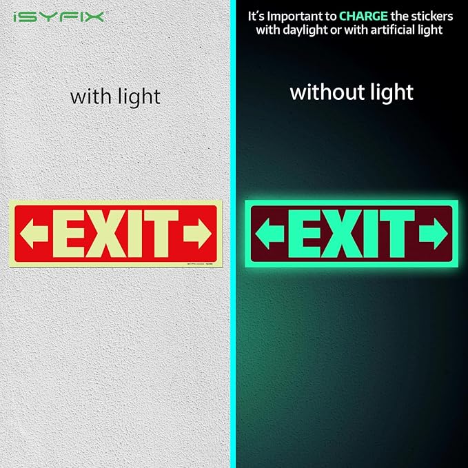 iSYFIX Exit Stickers Signs with Directional Right & Left Arrow 12 Pack 12x4 Inch - Glow in the Dark Photoluminescent Vinyl for Office, School, Business, Warehouse - UV & Weather Resistant for Indoor/Outdoor Use