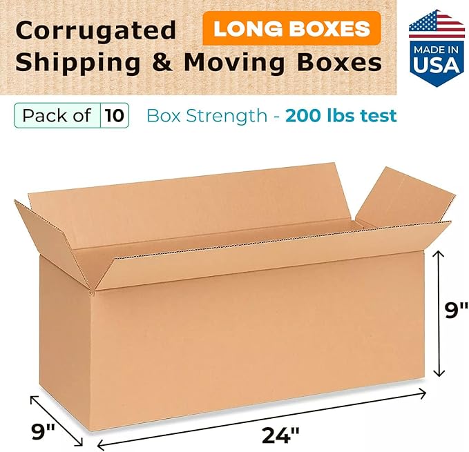 Long Moving & Shipping Boxes 24x9x9 inches (10-Pack) - Extra Strength 200 lb vs Regular - Corrugated Strong Moving Boxes for USPS/FEDEX - Cardboard Shipping Box - Moving Box by IDL Packaging