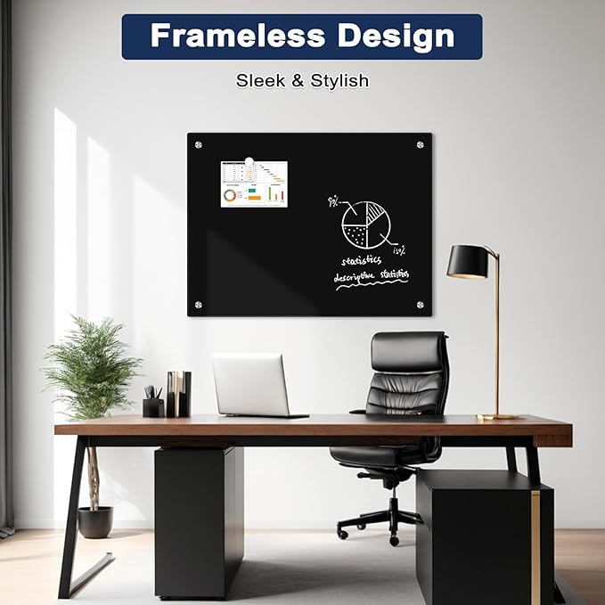 Black Dry Erase Board, 24" x 18" Magnetic Glass Whiteboard for Wall, Black Glass White Board with 1 Marker Tray and 3 Magnets for Office, Home, Classroom