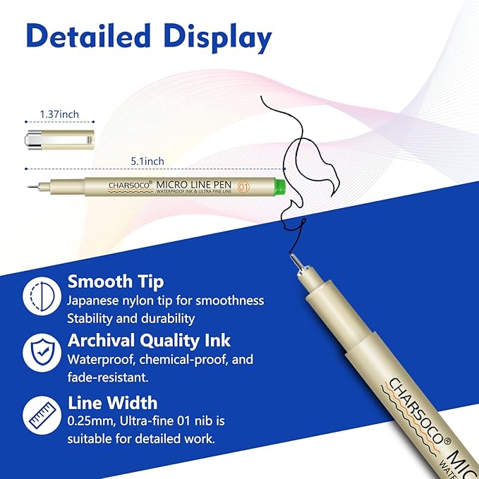CHARSOCO 01 Micro Pen, Fine Point Pen with 36 Colors, Waterproof Archival Ink, 0.25mm Fineliner Ink Pens for Artist Illustration, Sketching, Anime, Manga, Technical Drawing and Scrapbooking