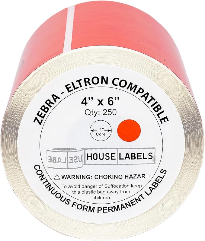 HOUSELABELS 4" x 6" Red Shipping Labels on 1" Core Compatible with Zebra and Rollo Printers, 20 Rolls / 250 Labels per Roll