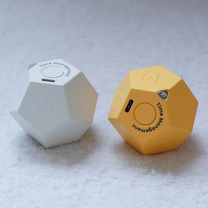 Mini 12 Sided Cube Timer, 11 Preset Times Pomodoro Timer for Enhanced Productivity. Ideal for ADHD Management, Workout, Study & Kitchen Cooking. Easy to Use (Yellow)