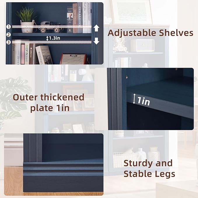 RWYHG 70" Blue Tall Bookshelf,5-Tier Thick Wooden Book Shelf with Adjustable Shelves,Free Standing Farmhouse Bookcase with Open Display Storage,Floor Vintage Bookshelves for Living Room,Office