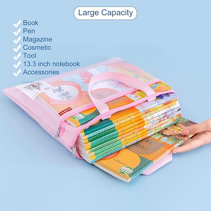 Pendancy Mesh Zipper Pouch 11x13.7 in, Large Double Pocket Waterproof File Bag with Handle, A4 Size Foldable Document Storage for Puzzle Project/Cross Stitch/Travel/Office（Pink）