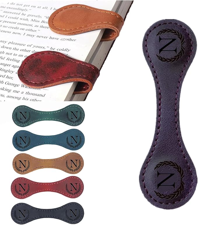 Personalized Magnetic Leather Bookmark, 26 Letters Custom Leather Bookmarks, Handmade, Leather Magnetic Bookmark for Book Lovers Readers Women Kid(Purple，N）