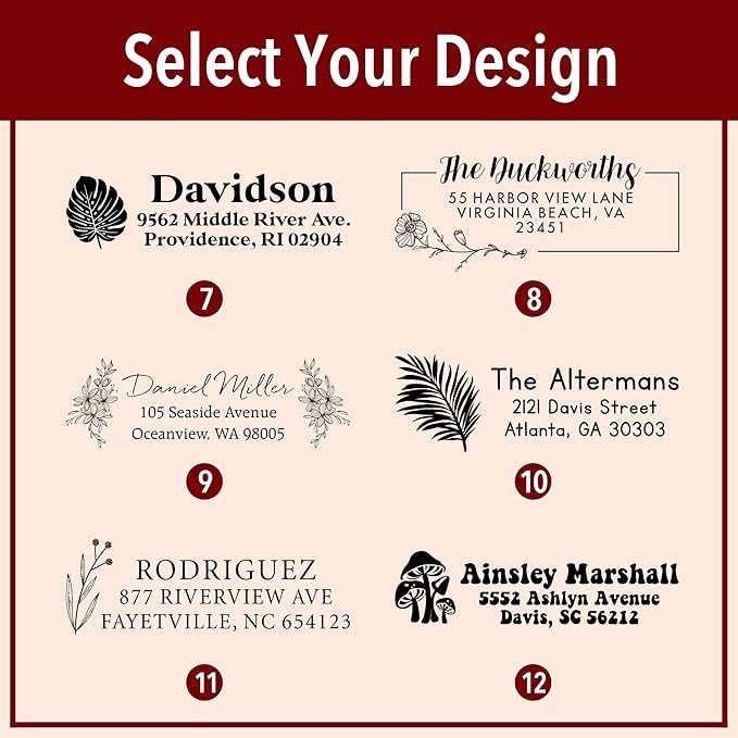 Custom Floral Address Stamp | Choose from 12 Designs | Multiple Ink Color Options | Envelope Return Address Stamp for Couple or Family (Design 7, Medium)