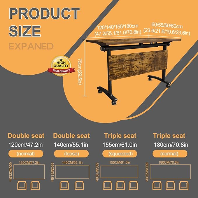 Folding Conference Table 4ft 5ft, Foldable Office Meeting Desk for 6 People, Multiple Sizes Colors Mobile Conference Room Table for Training Room School Business Furniture (6, Brown, 71in)
