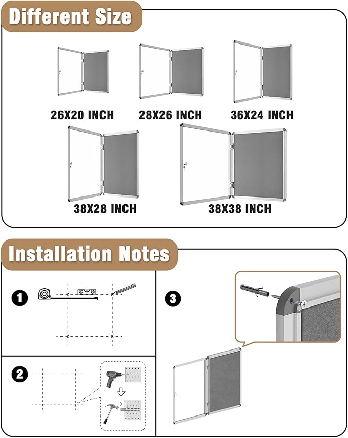 Mifuro 36"x24" Enclosed Bulletin Board, Lockable Weather-Resistant Aluminum Cork Noticeboard for School & Office, Silver Frame w/Grey Flet