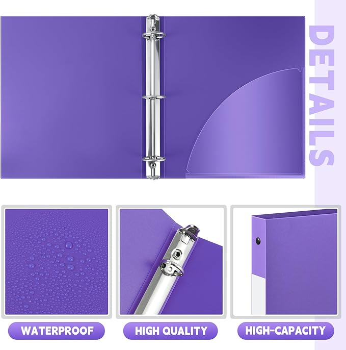 Henoyso 48 Pcs 3 Ring Binder 0.5 Inch Round Fits Letter Size 8.5'' x 11'' Paper Plastic Flexible Binder Bulk Holds 140 Sheets with 1 Pockets Versatile Organizer for Home Office School (Purple)