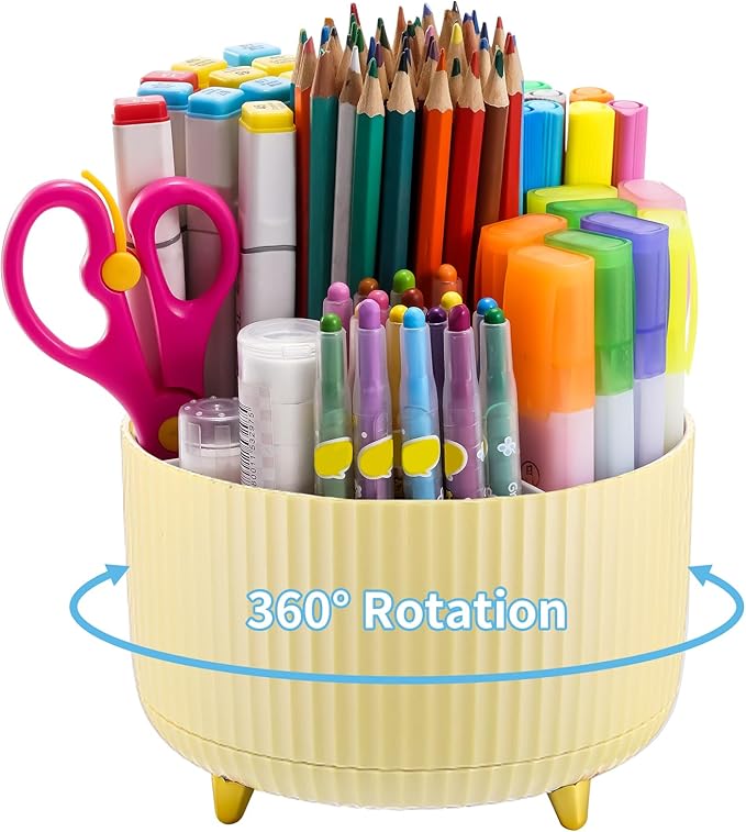 Marbrasse Desk Organizer, 360-Degree Rotating Pen Holder, Desk Organizers and Accessories with 5 Compartments Pencil Holder, Art Supply Storage Box Caddy for Office, Home (Yellow)