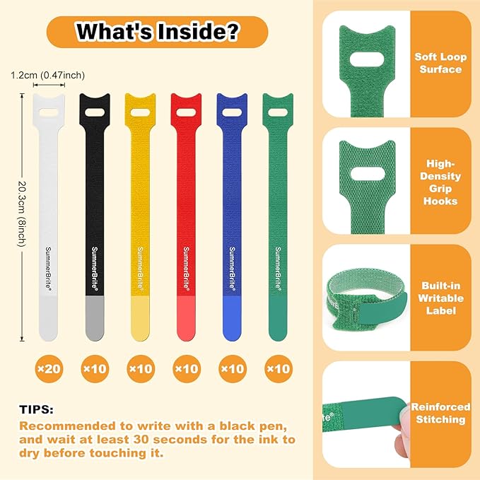 SummerBrite 70 Pack Multi-Color Cable Ties 8 Inch with Writable Labels, Reusable Cord Organizer Straps, Hook & Loop Wire Management for TV, Audio, Ethernet, Electronics & Heavy Duty Cords
