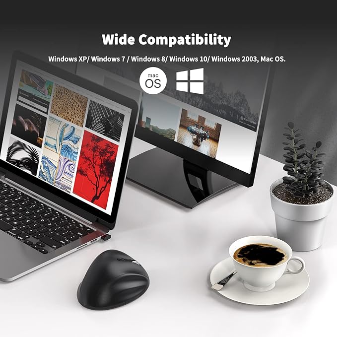 Ergonomic Wireless Mouse with USB Receiver for PC Computer, Laptop and Desktop, Ergo Mouse Vertical with Silent Clicks Long Battery Life, Up to 1600 DPI & 1 AA Battery Powered, Black