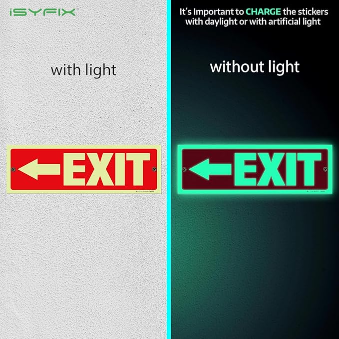 iSYFIX Exit Signs with Directional Left Arrow - 12 Pack 12x4 Inch Glow in the Dark for Business, School, Office, Warehouse - Durable 40 Mil Polystyrene, UV Laminated, Waterproof, Scratch & Fade Resistant