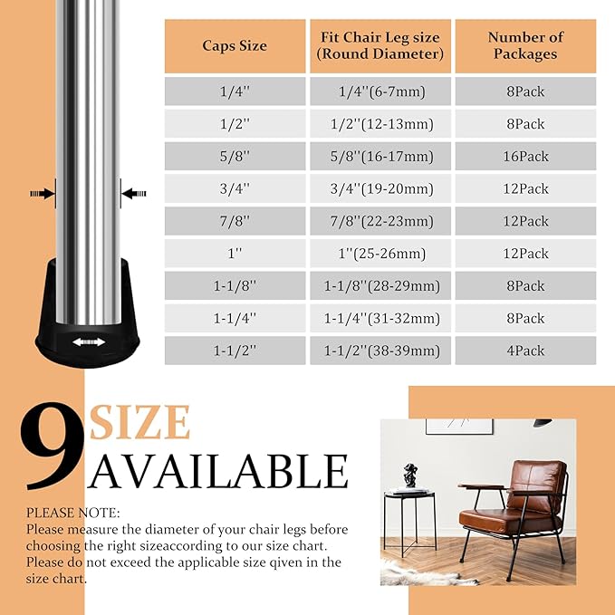 VOCOMO 1-1/4” Round Rubber Chair Leg Tips Caps, Chair Leg Floor Protectors Furniture Legs Caps Non Slip Reduce Noise for Hardwood Floors (Black, 8 Pack)