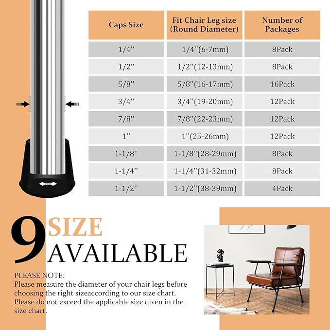 VOCOMO 1/2" Round Rubber Chair Leg Tips Caps, 8 Pack Extra Small Chair Leg Floor Protectors Small Furniture Legs Caps Non Slip Reduce Noise for Hardwood Floors (Black, Fit: 12mm to 13mm)