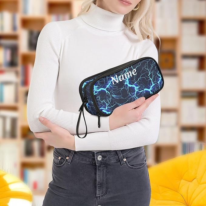 BOENLE Custom Dark Blue Electric Lightning Pencil Case Box Boys Girls Personalized Name Large Pencil Pouch Stationery Pen Bag Organizer for Kids Adults School Office
