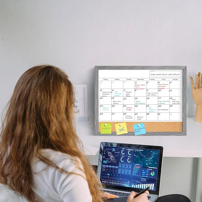 Calendar Whiteboard for Wall, 17x13 Inches Dry Erase Calendar Cork Board Combo, Magnetic Monthly White Board with Wood Framed, Hanging Dry Erase Board for Home Kitchen Office Planner Memo