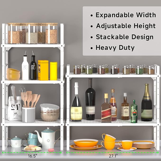 SOFRON Expandable Cabinet Storage Shelf Stackable Organizer Rack for Kitchen Bathroom Pantry Spice Cupboard Coffee Countertop Home Office Desk Heavy Duty Nonslip White Small 2 Packs