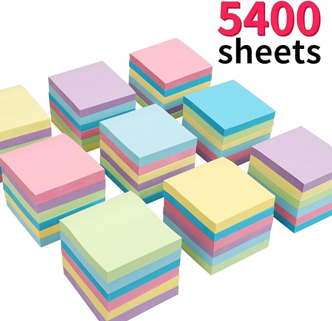 MyLifeUNIT Sticky Notes 3x3, Bulk Pack 54 Note Pads 5400 Sheets for Daily Reminder, Self-Stick Notes with 6 Assorted Colors