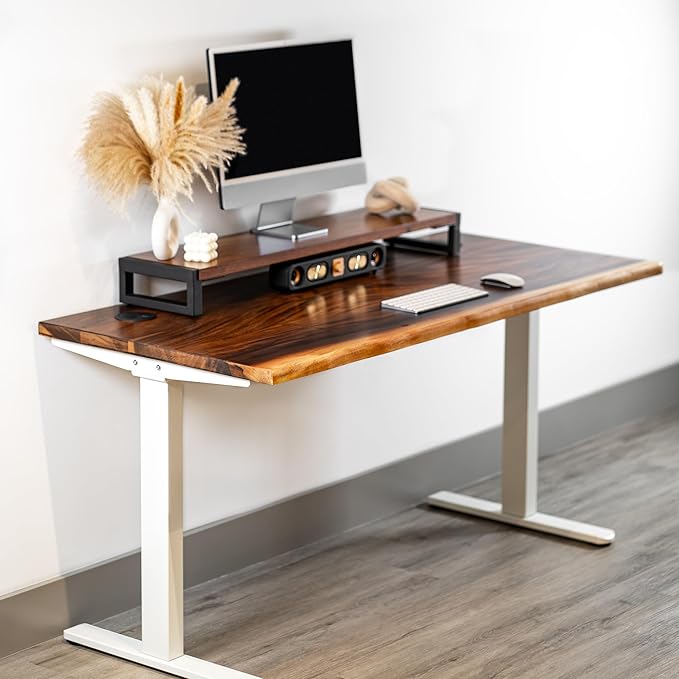 Standing Desk with Monitor Stand – Walnut Solid Wood Desk, Natural Live Edge, Adjustable Height Dual Motor, Sit Stand for Home Office (White, W48 x D27)