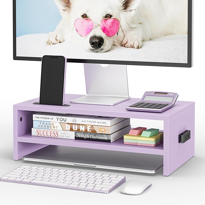 BONTEC Wooden Monitor Stand Riser, 2-Tier Desk Shelf with Storage Organizer, Ergonomic Computer Stand with Cable Management, Cellphone Holder, Purple, 16.5 Inch