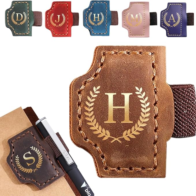 Personalized Bygone Mark Bookmark with Pen Holder, Leather Magnetic Bookmark 26 Letters,Gifts for Book Lovers, Readers, Leather Book Marks for Men Women (Brown, H)