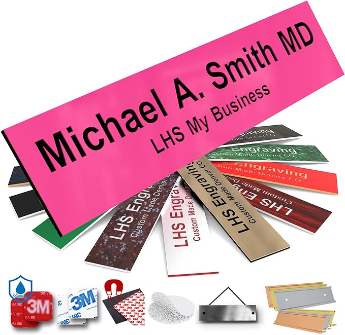 Door Name Plate Personalized for Office Pink Plastic Name Plate Black Letters - Made in USA 2x10 B12