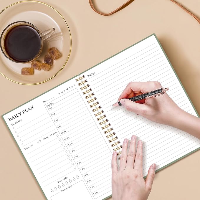 Daily Planner Undated - A5 To Do List Notebook Hourly Schedules, Spiral Appointment Planner for Women and Men, PVC Hardcover, Inner Pocket, Elastic Closure, 5.8" x 8.3", Green