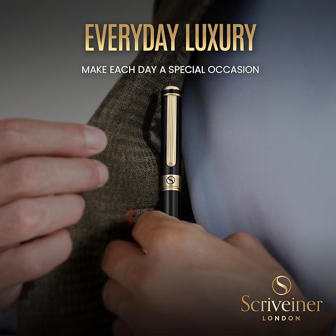 Scriveiner Luxury Fountain Pen - Stunning Black Lacquer Pen, Real Gold Finish, Schmidt Gilded Nib (Fine), Converter, Best Pen Gift Set for Men & Women, Professional, Executive, Office, Nice Pens