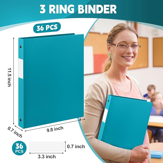 Henoyso 36 Pcs 3 Ring Binder 0.5 Inch Round Fits Letter Size 8.5'' x 11'' Paper Plastic Flexible Binder Bulk Holds 140 Sheets with 1 Pockets Versatile Organizer for Home Office School (Turquoise)